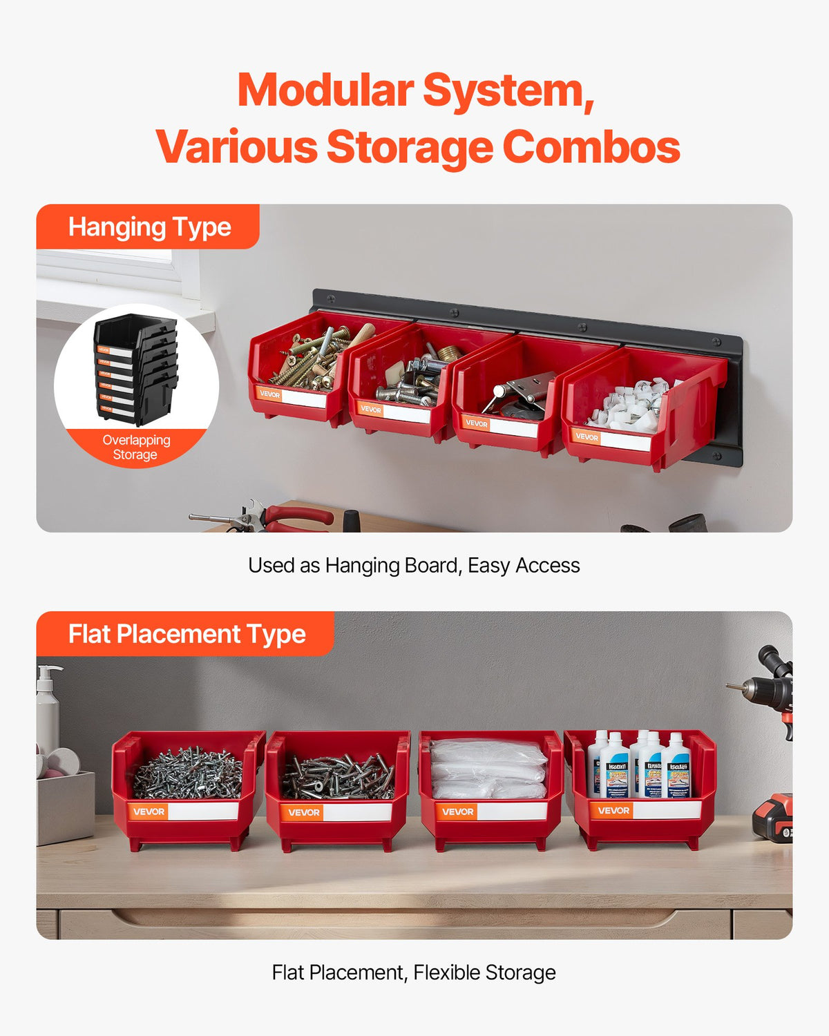 Wall Mounted Storage Bins Organizer, 12 Bins & 3 Metal Rails